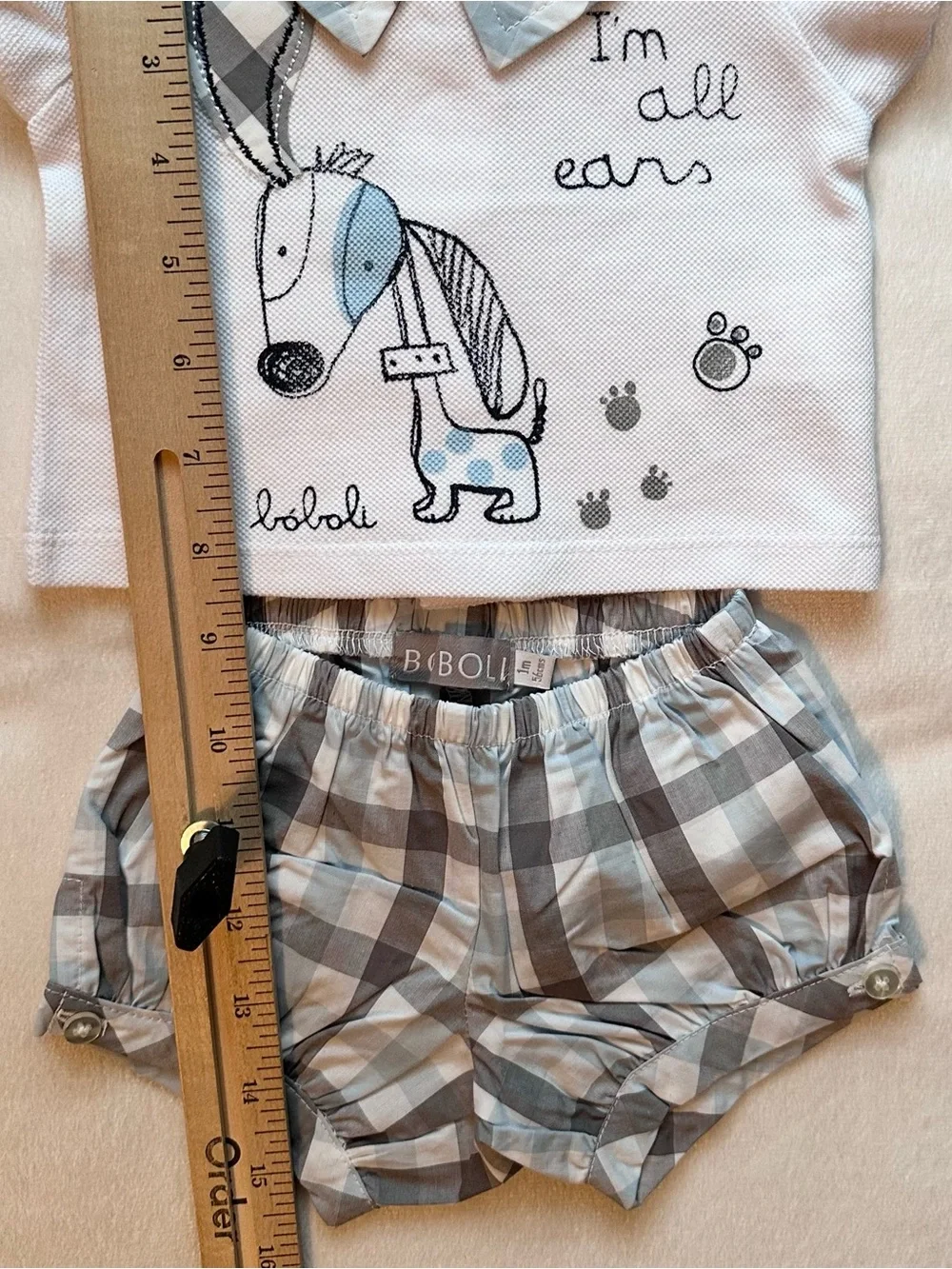Boboli Baby Boy 2pc Outfit NB Collared Shirt & Bloomers Plaid Dog I’m All Ears
